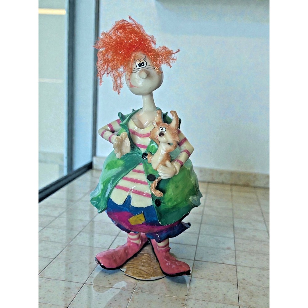 Whimsical Folk Art‎ Figurine – Funky Woman Holding Dog – Colorful Decor